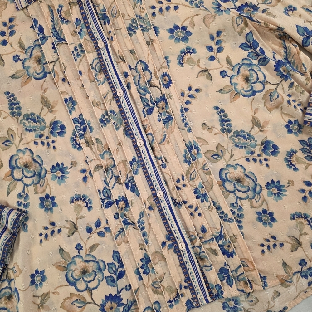 Floral Bohemiam Flowy Peasant Blouse Button Front Pintuck Top Rayon Women XL - Picture 4 of 13